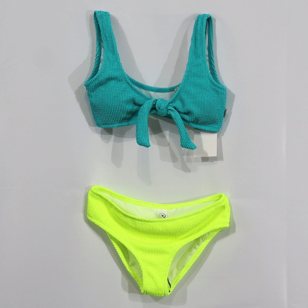 Limeapple Bikini Swimsuit Girls 12 Teal Neon Yellow Textured Tie Front $67 NWT